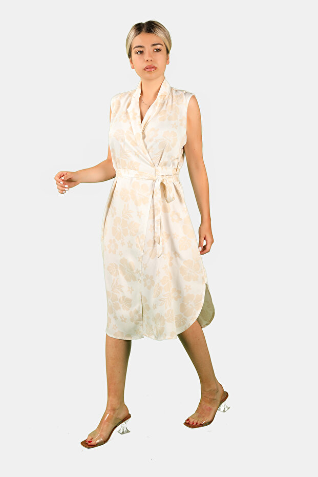 Belted Floral Patterned Beige Dress Beige