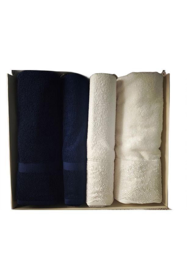 Branch Best Set (HAMAM TAKIMI) 4 Parça Havlu Seti Krem-lacivert - 1