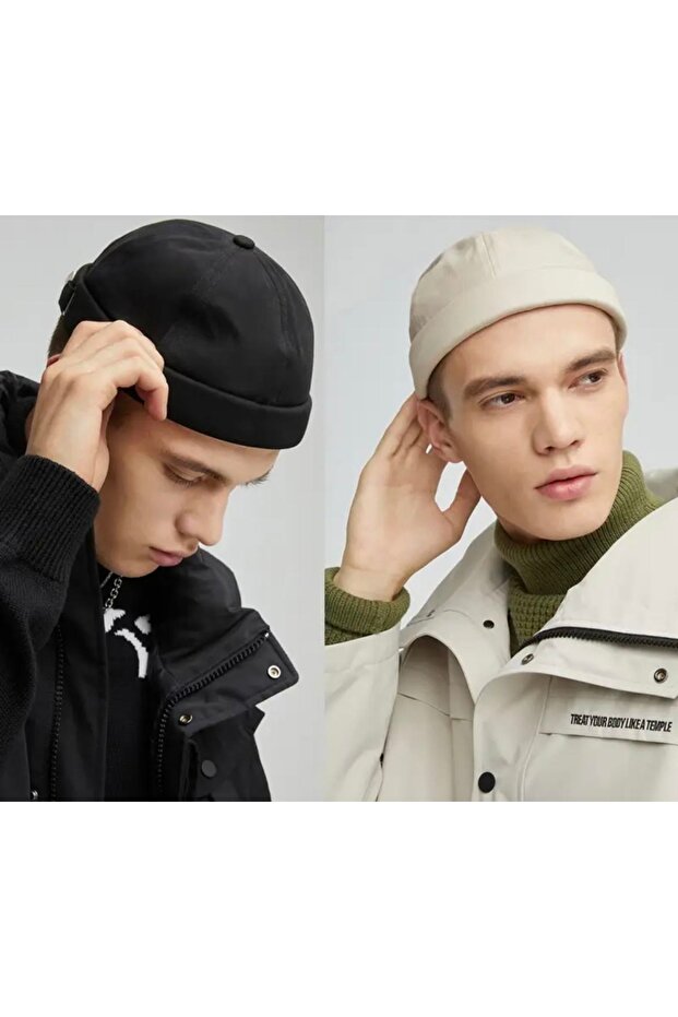 2'li Set Pamuklu Kumaş Arkasından Ayarlanabilir Sipersiz Hip Hop Docker Siyah-Bej Erkek Şapka - 1