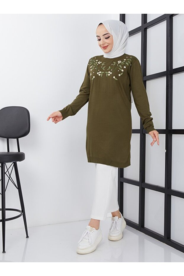 Daisy Embroidered Pearled Knitwear Tunic - Khaki- Sahra Boutique