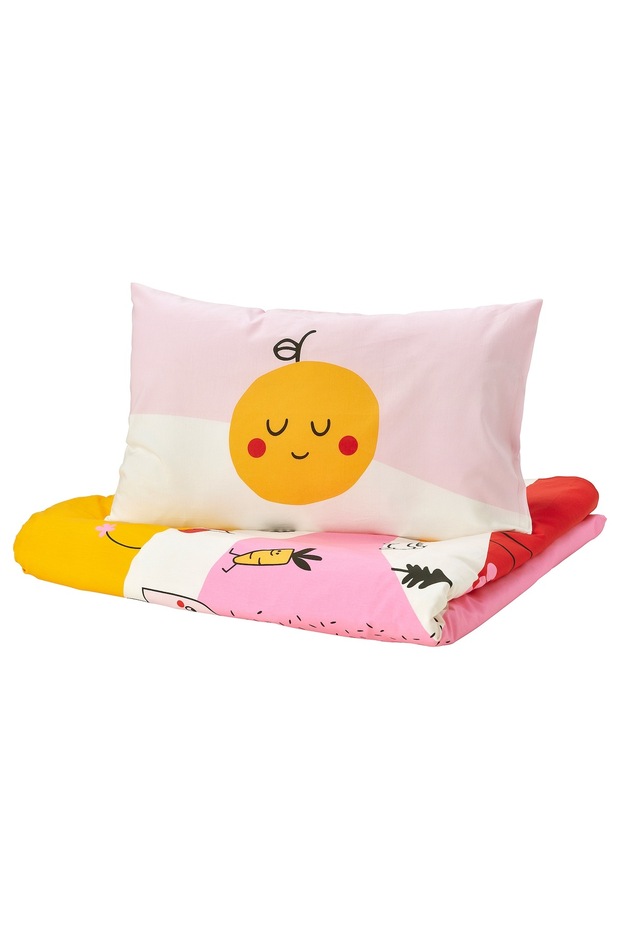 GRÖNFINK Duvet cover 1 pillowcase for cot, multicolour/striped