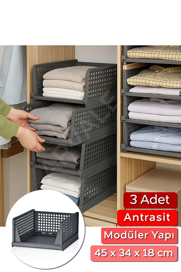3 Adet Raylı Elbise Organizeri - Mutfak Banyo Düzenleme Depolama Üst Üste Dizilebilir - 1
