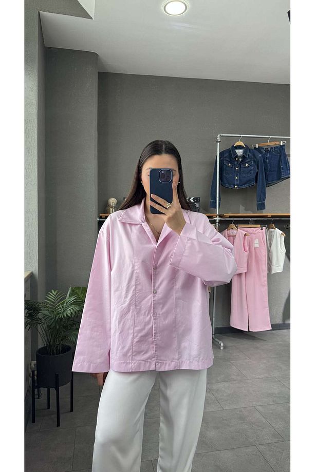 Oversize Pembe Kadın Gömlek - 2