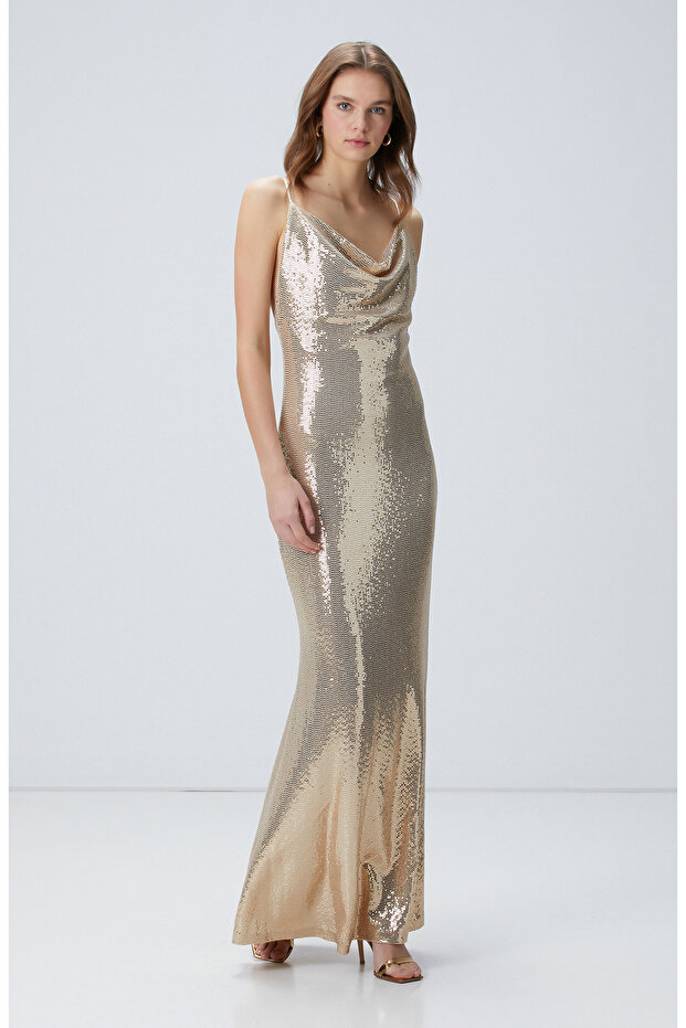 Gold Maxi Abiye Elbise - 1