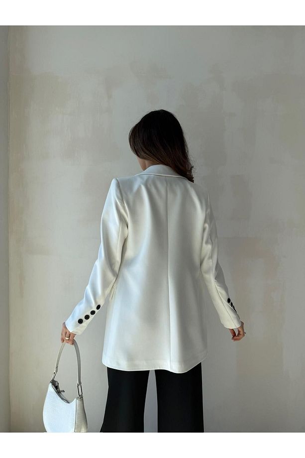 Kadın Beyaz Atlas Tek Düğme Blazer Ceket - 2
