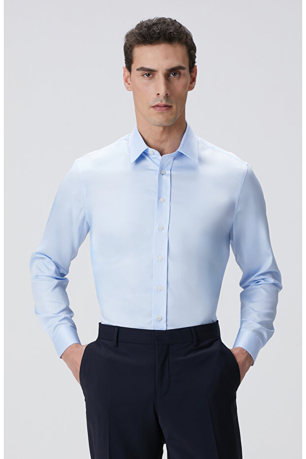 Mavi Non-iron Saten Gömlek - 1