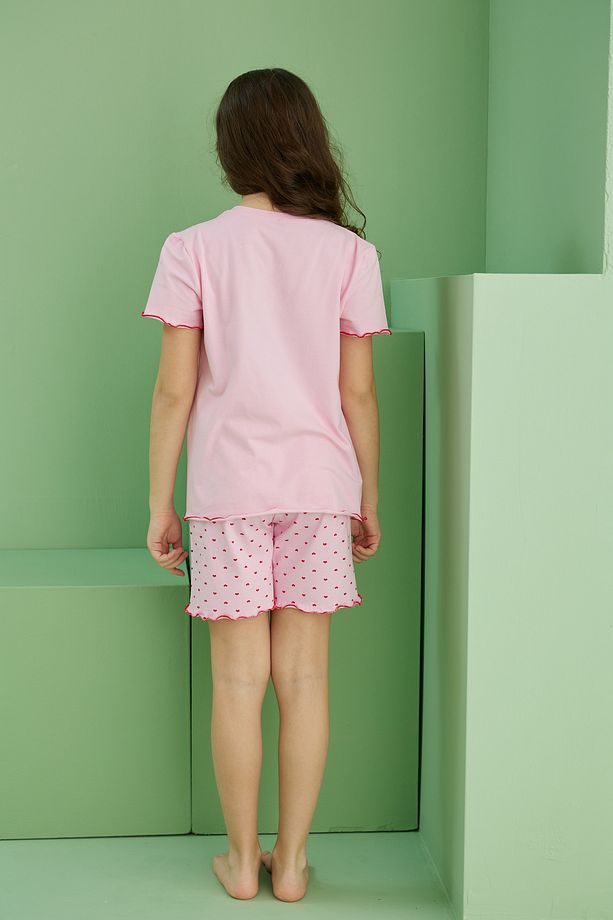 pembe desenli Pamuklu Bisiklet Yaka Örme Şort Takım25115022 - 5