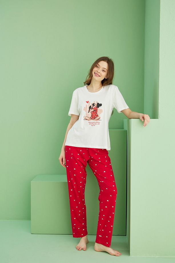 ekru desenli Pamuklu Bisiklet Yaka Örme Pijama Takım25117066 - 2