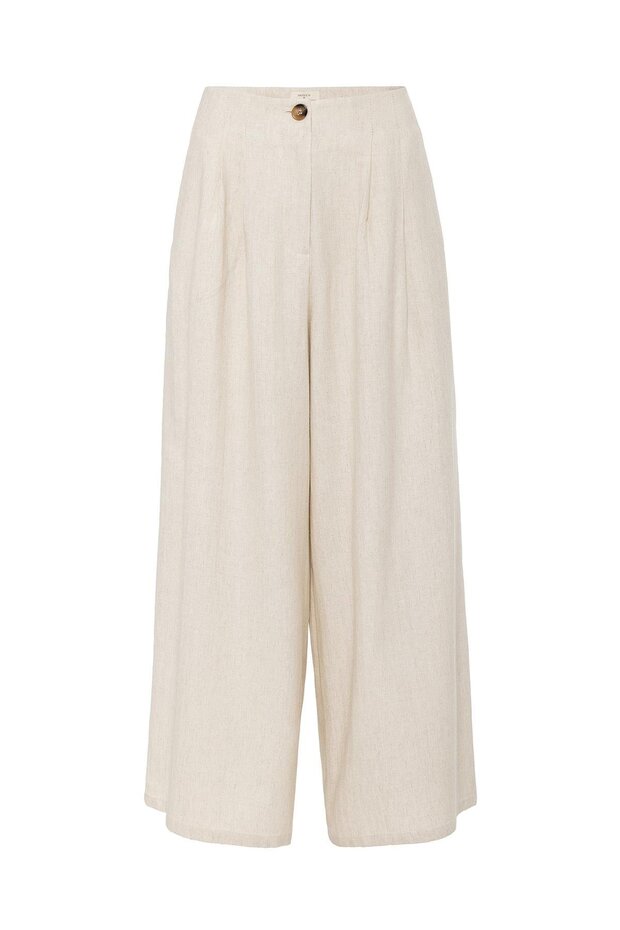 Ecru Linen Blended Women's Culotte Trousers