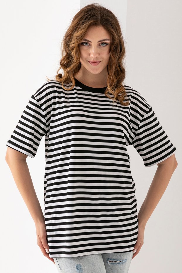 Women's Black White Striped Oversize Short Sleeve Viscose Combed Cotton Blouse