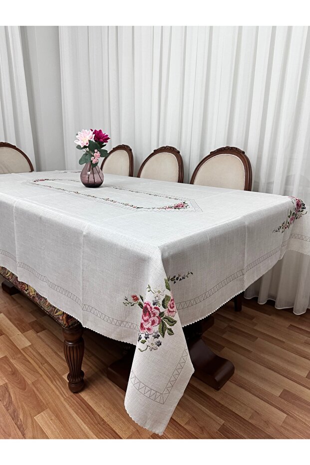 Luxury Stain-Resistant Linen Printed Tablecloth 160X220 Cream Floral