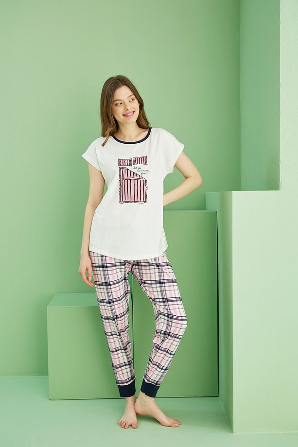 ekru desenli Pamuklu Bisiklet Yaka Örme Pijama Takım25117065 - 2