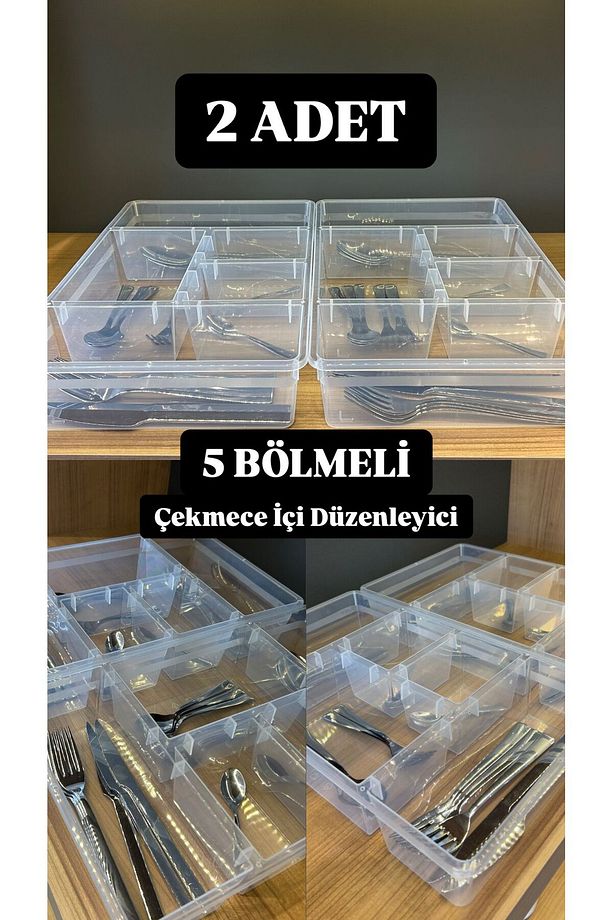 2 Adet Nova 5 Bölmeli Çekmece Düzenleyici Çatal Kaşık Kutusu Kapaksız - Mutfak Organizer - 1