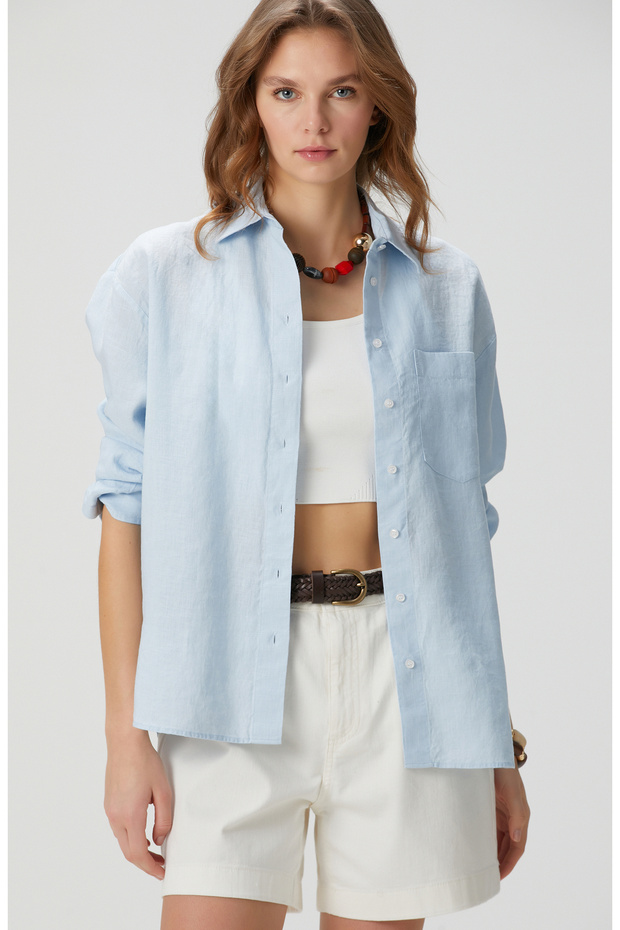 Mavi Keten Gömlek - 3