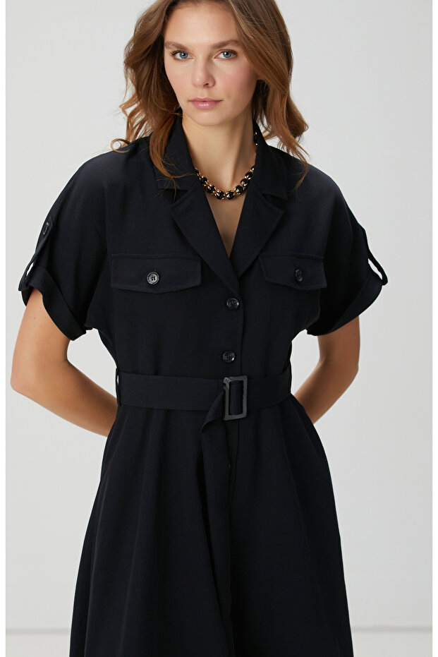 Siyah Diyagonal Desenli Midi Elbise - 2