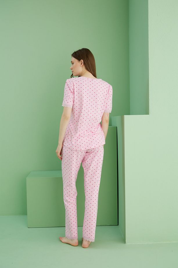 pembe desenli Bisiklet Yaka Örme Pamuklu Pijama Takım25113218 - 4