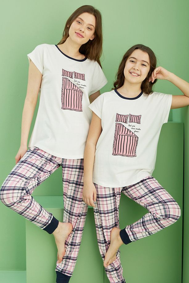ekru desenli Pamuklu Bisiklet Yaka Örme Pijama Takım25117065 - 1