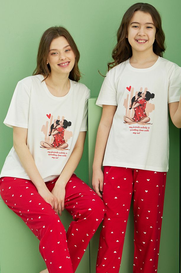 ekru desenli Pamuklu Bisiklet Yaka Örme Pijama Takım25117066 - 1