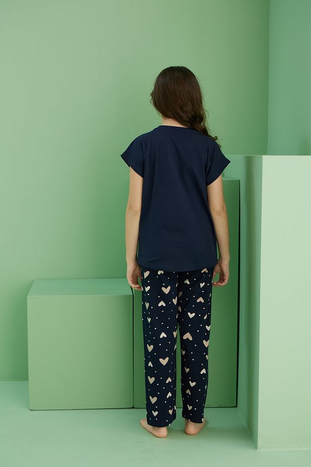 lacivert desenli Pamuklu Bisiklet Yaka Örme Pijama Takım25117072 - 5