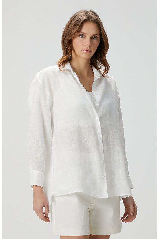 Beyaz Keten Gömlek - 3