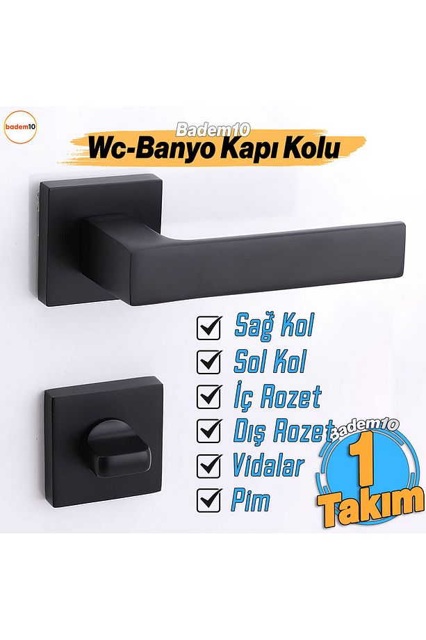 (1 TAKIM) Kilitlenebilir Paytak Wc Banyo Siyah Kapı Kolu Kare Rozetli Sağa Sola Uygun Iç Dış Kapısı - 8