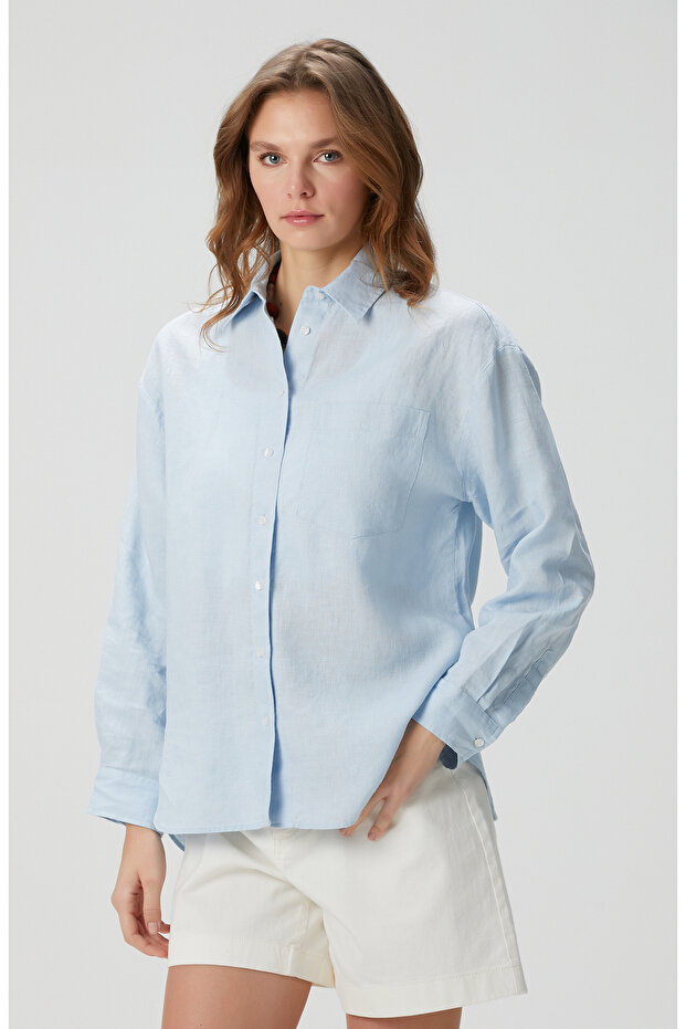Mavi Keten Gömlek - 4