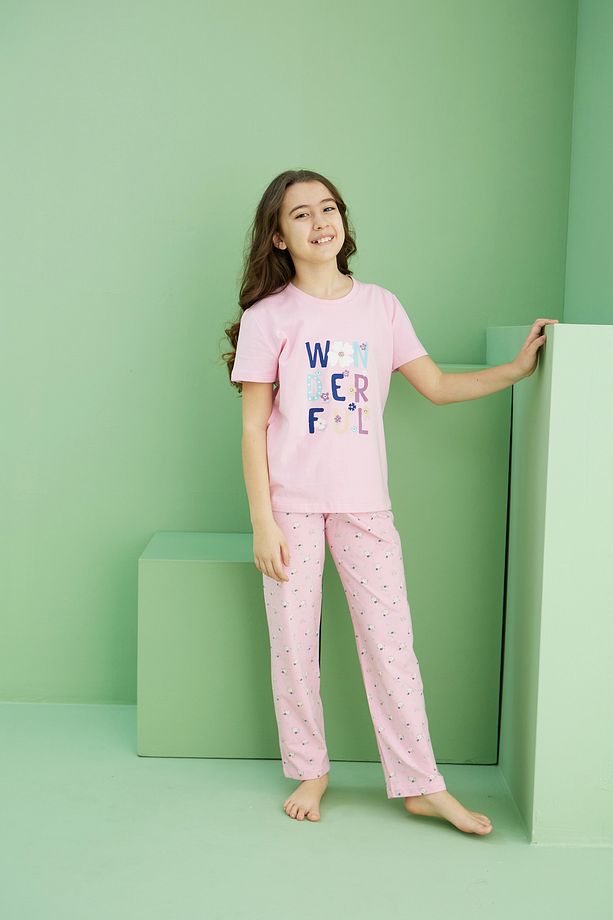 pembe desenli Pamuklu Bisiklet Yaka Örme Pijama Takım25117077 - 4