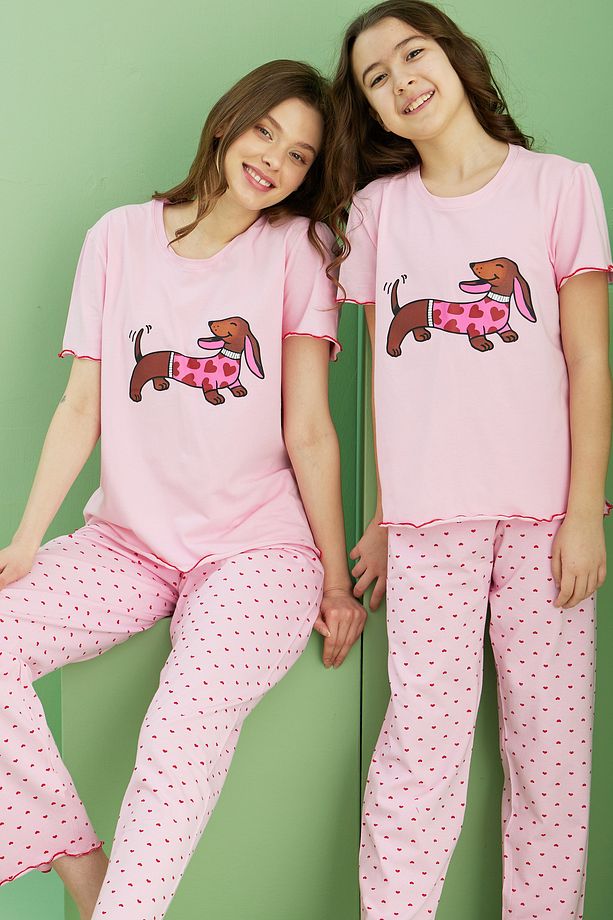 pembe desenli Pamuklu Bisiklet Yaka Örme Pijama Takım25117064 - 1