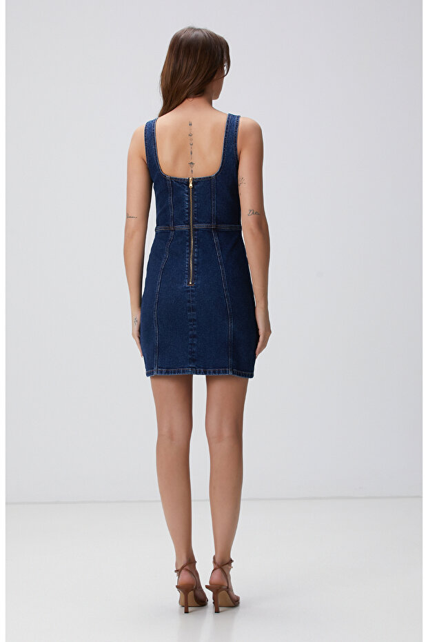İndigo Mini Denim Elbise - 6