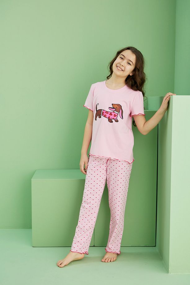 pembe desenli Pamuklu Bisiklet Yaka Örme Pijama Takım25117064 - 4