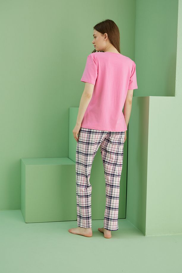 pembe desenli Pamuklu Bisiklet Yaka Örme Pijama Takım25117075 - 3