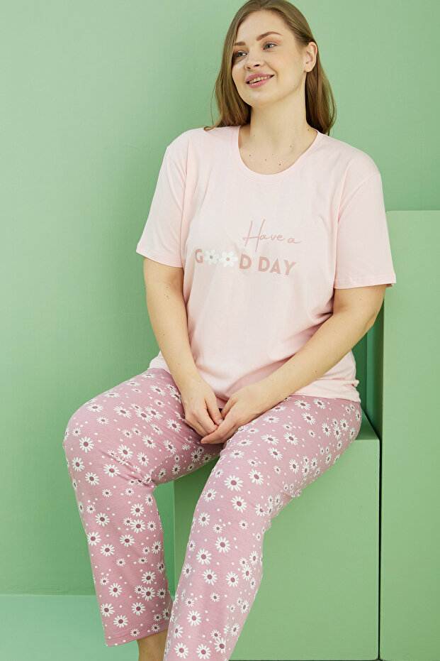 Salmon Patterned Curve Plus Size Oversize Cotton Pajama Set 25113741 - 1