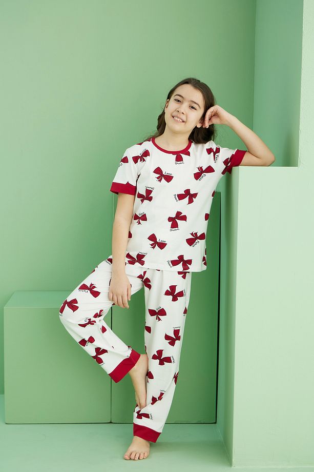 ekru desenli Pamuklu Bisiklet Yaka Örme Pijama Takım25117067 - 4