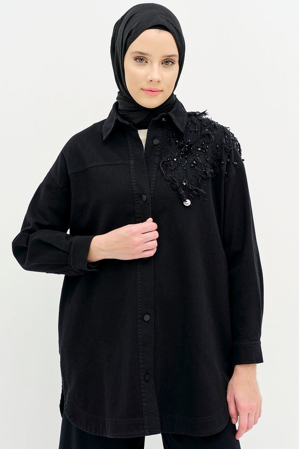 Aplike Nakış Detaylı Canvas Ceket - Siyah - 2