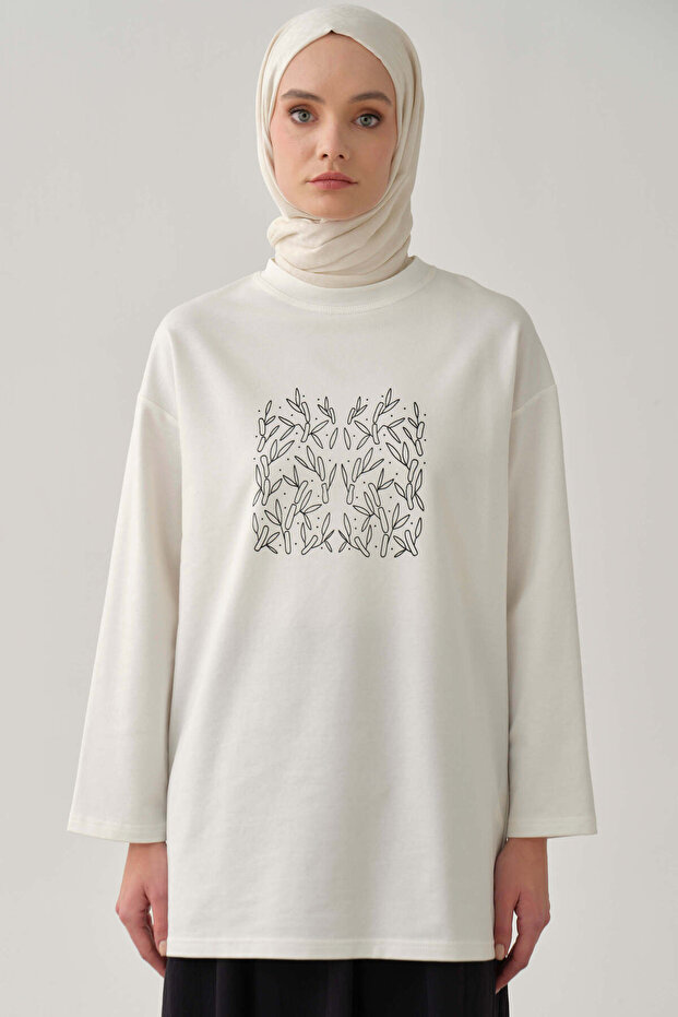 Önü Baskılı Örme Bluz - Ekru - 4