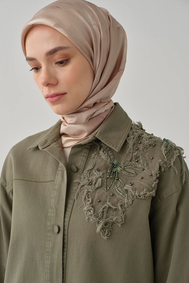 Aplike Nakış Detaylı Canvas Ceket - Haki - 4