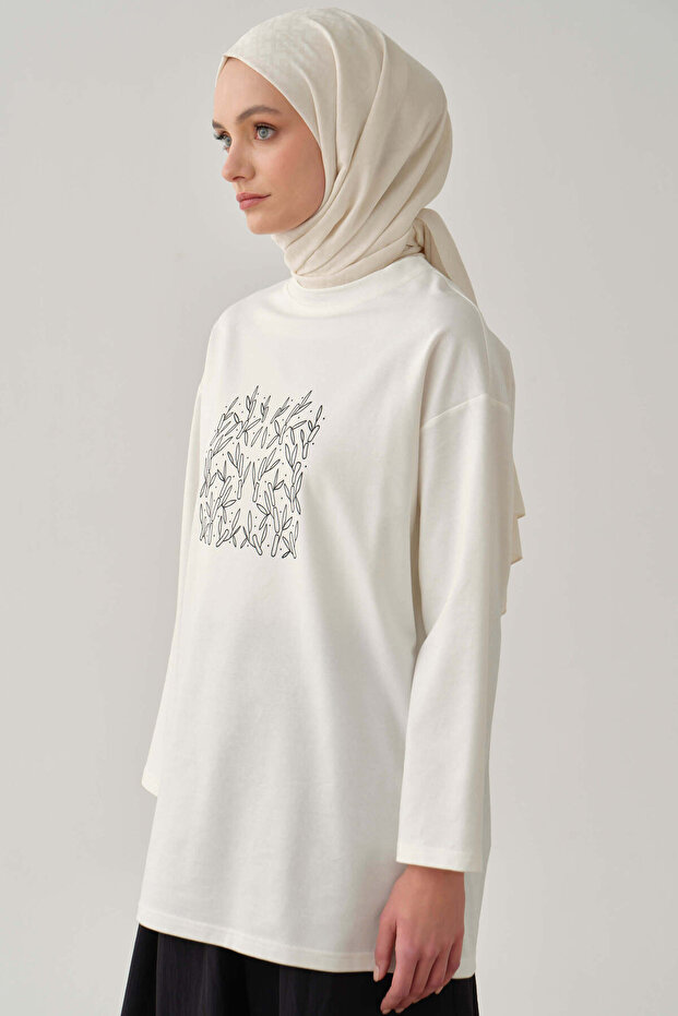 Önü Baskılı Örme Bluz - Ekru - 6