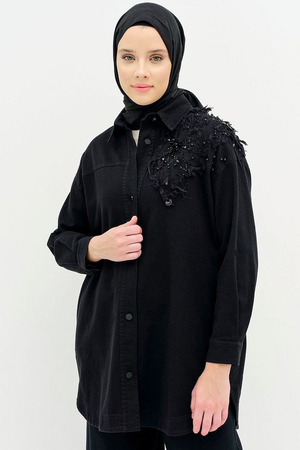 Aplike Nakış Detaylı Canvas Ceket - Siyah - 1