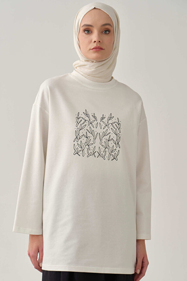 Önü Baskılı Örme Bluz - Ekru - 1