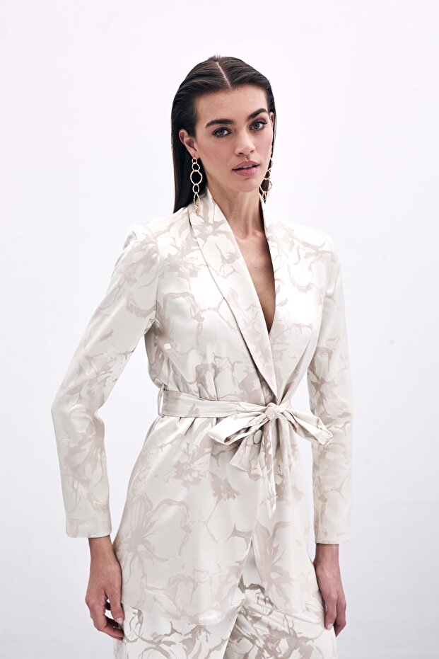 Patterned Long Jacket - Beige - 5