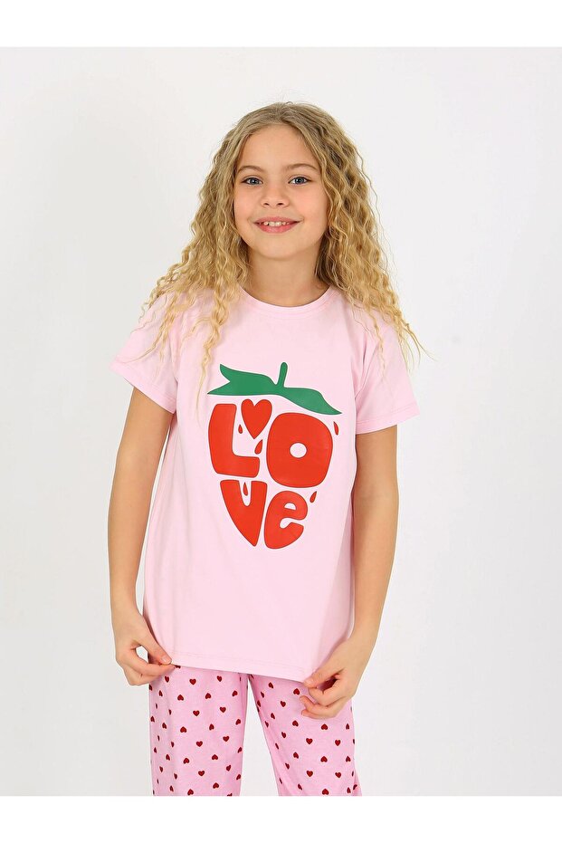 Girls' Short Sleeve 100% Cotton Pajama Set Cute Love