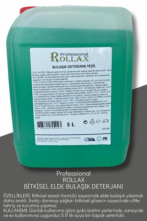 Rollax Profesyonel Bitkisel Elde Yıkama Bulaşık Deterjanı 5 Litre – Doğal Temizlik! - 3