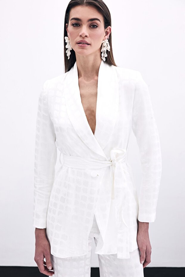 Square Patterned Belted Jacket - Ecru - 4