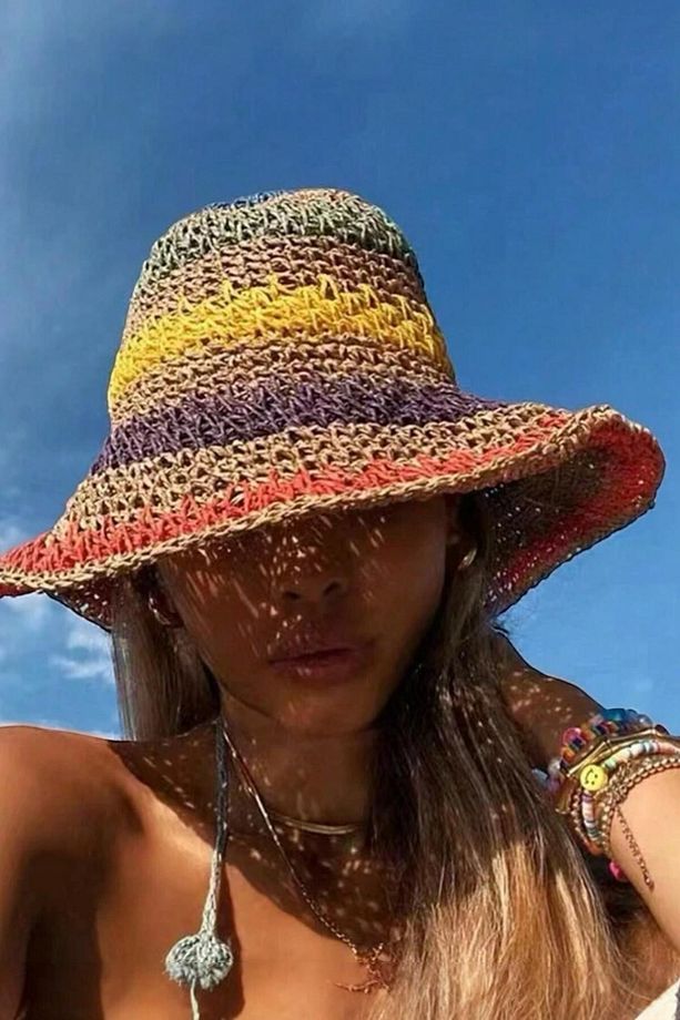 İthal Rainbow Örgü Bucket Hasır Şapka - 1