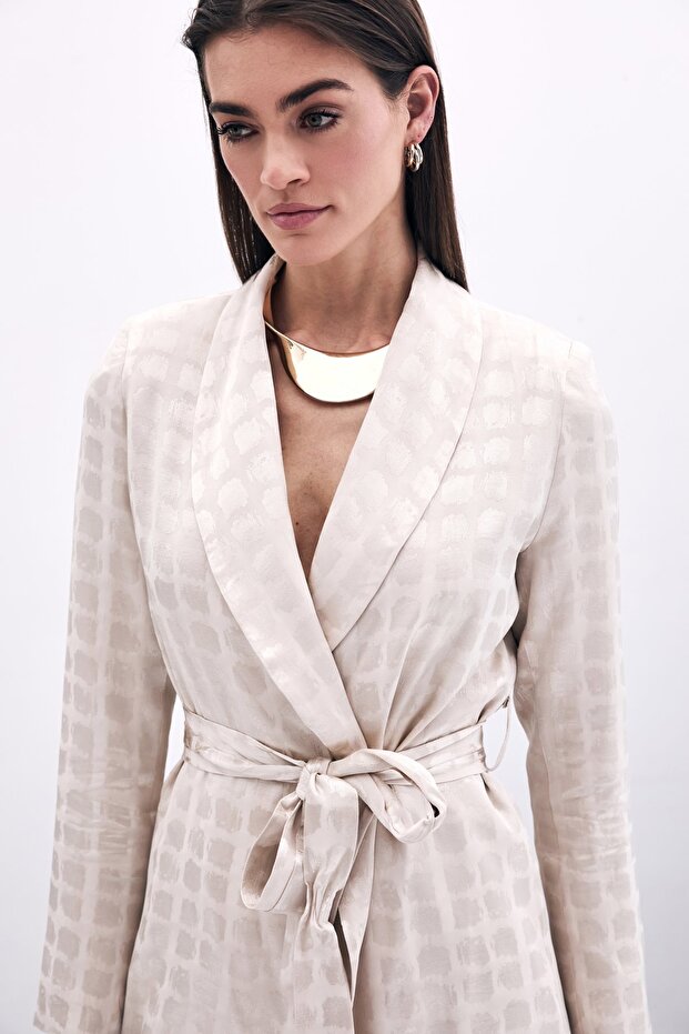 Square Patterned Belted Jacket - Beige - 3