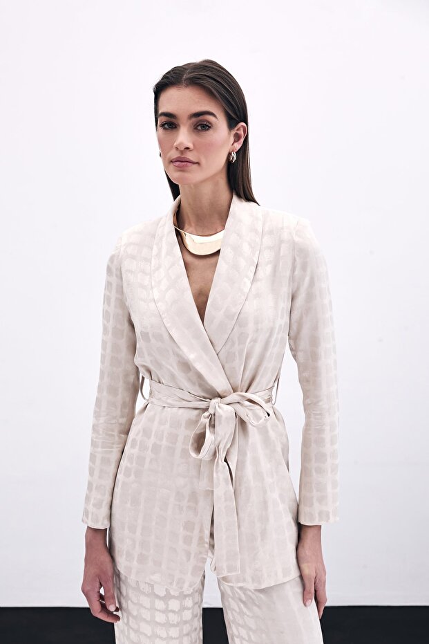 Square Patterned Belted Jacket - Beige - 1