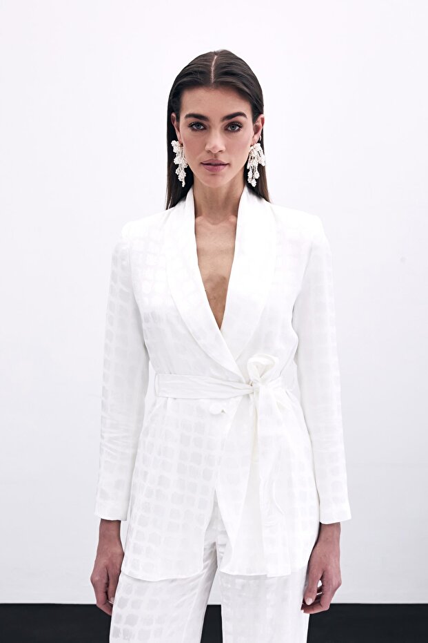 Square Patterned Belted Jacket - Ecru - 1