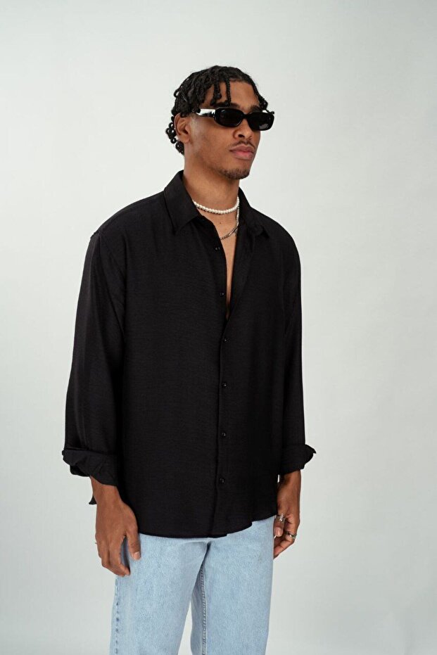 Oversize Siyah Erkek Gömlek - 4