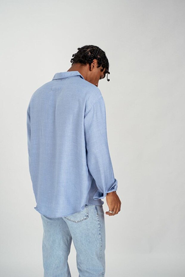 Oversize Mavi Erkek Gömlek - 4