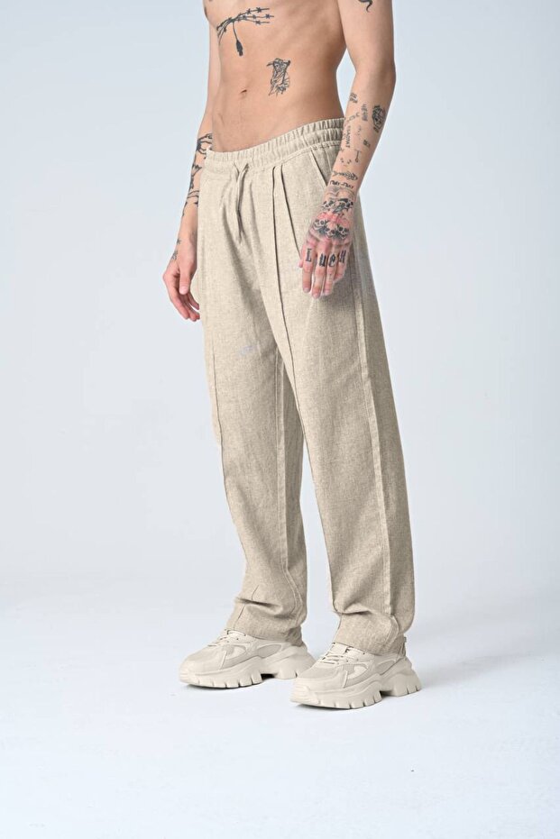 Linen Men's Cream Baggy Pleated Trousers